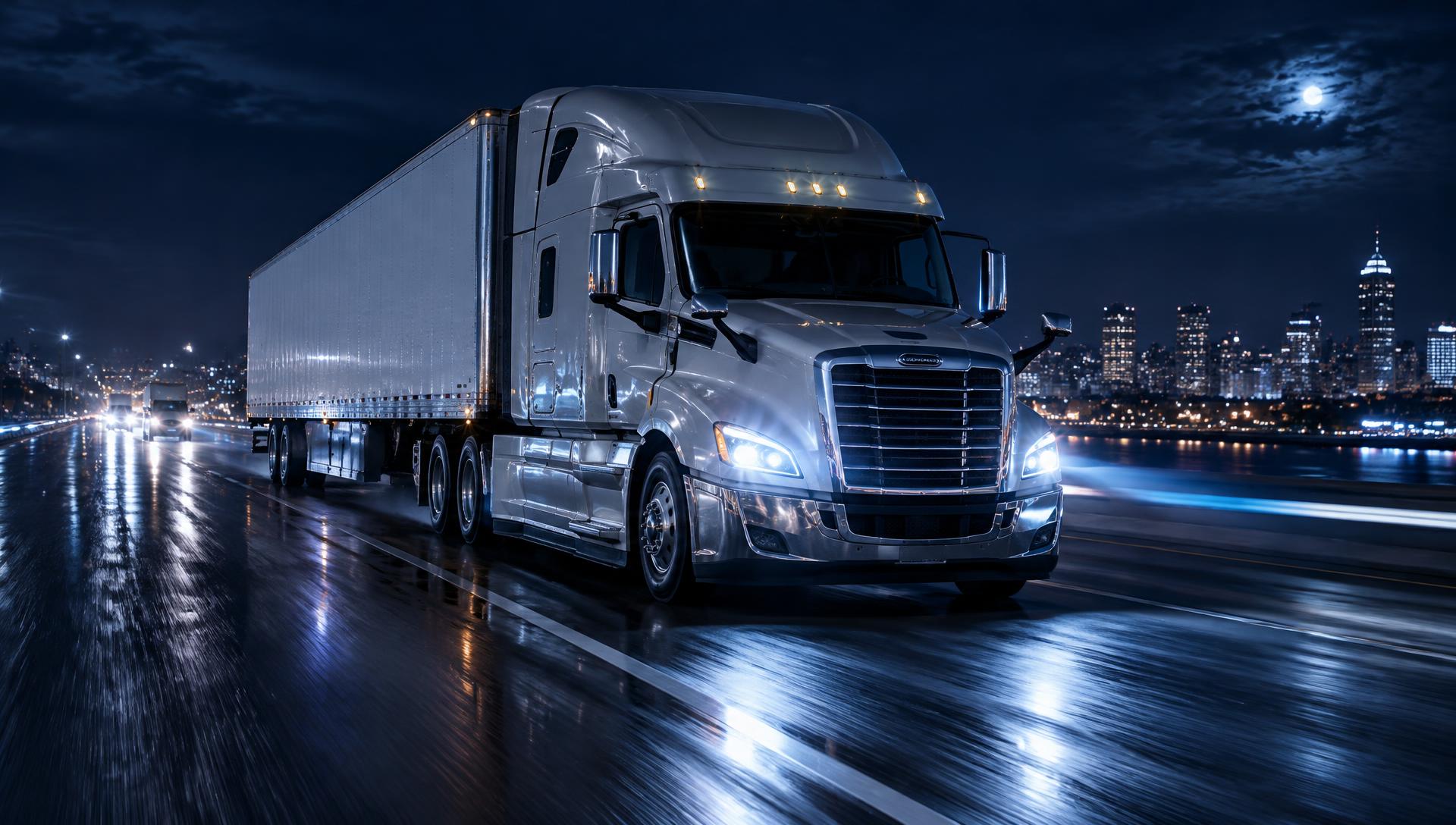 Illustrative semi-truck on a midnight interstate